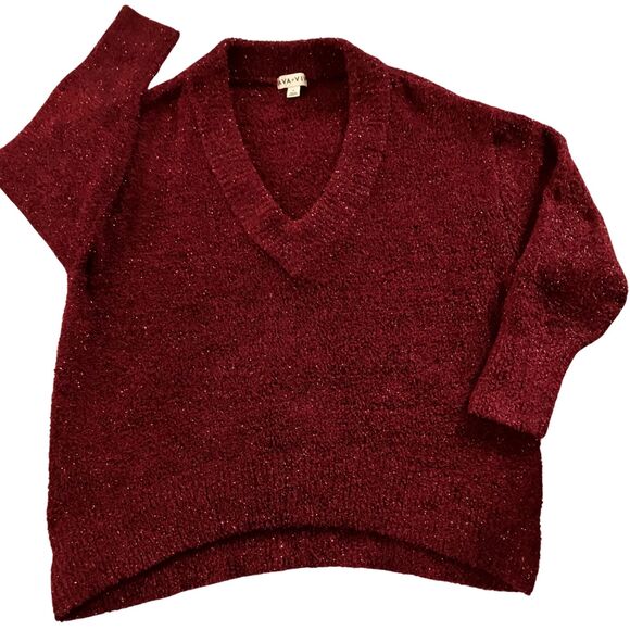 Ava & Viv Plus Size 1X Fuzzy Metallic Burgundy V Neck Sweater sparkles holiday - Picture 1 of 15
